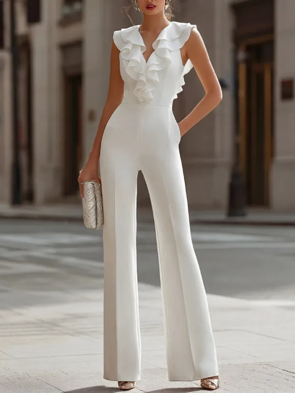 Ruffled V-Neck Sleeveless Wide-Leg Jumpsuit made by Mooyius
