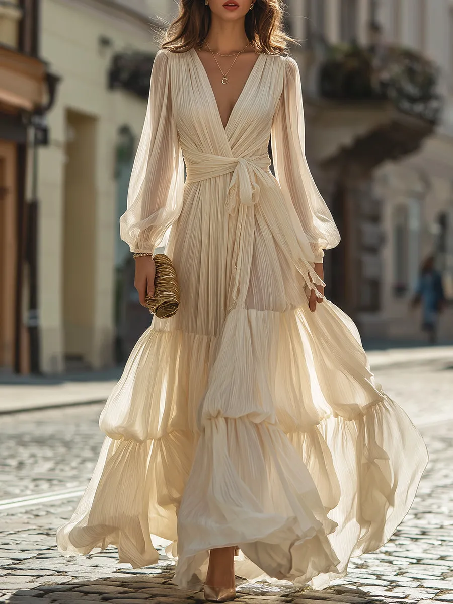 Plunging Neck Tie-Waist Tiered Maxi Dress sold by Mooyius