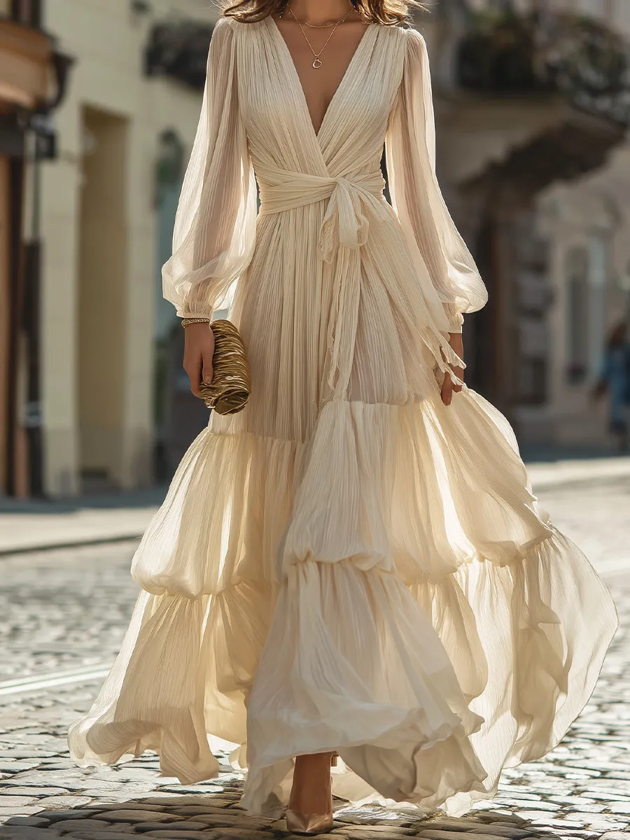 Plunging Neck Tie-Waist Tiered Maxi Dress sold by Mooyius product image thumbnail 4