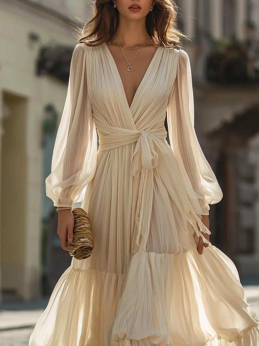Plunging Neck Tie-Waist Tiered Maxi Dress sold by Mooyius product image thumbnail 3