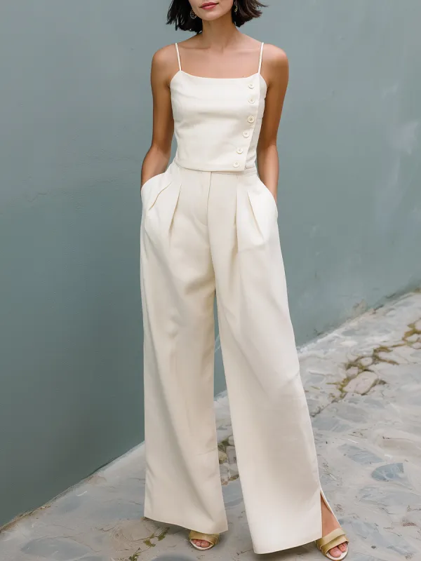 Button-Detail Spaghetti Strap Wide-Leg Jumpsuit made by Mooyius