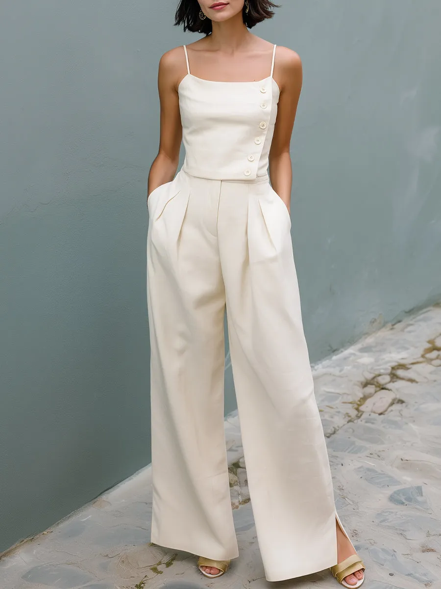 Button-Detail Spaghetti Strap Wide-Leg Jumpsuit sold by Mooyius
