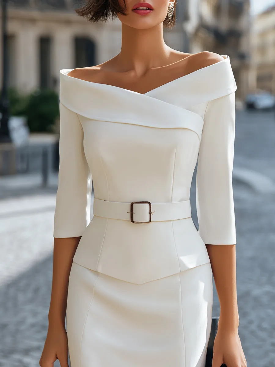 Off-Shoulder Belted Top and Pencil Skirt Set sold by Mooyius product image thumbnail 3