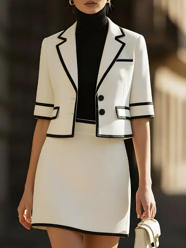 Contrast-Trim Cropped Blazer & Mini Skirt Two-Piece Set made by Something Navy