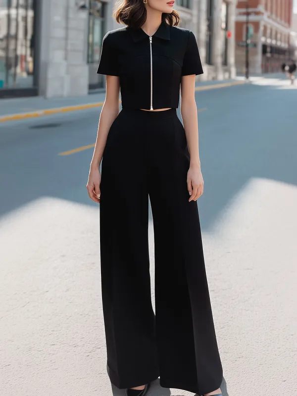 Zip-Front Cropped Top & Wide-Leg Trousers Tailored Set made by Mooyius