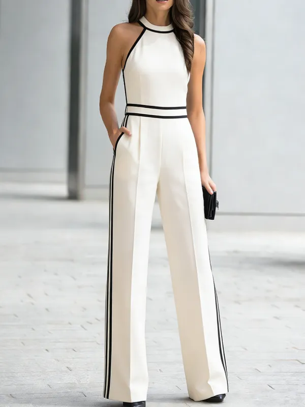 Chic Contrast-Trim Halterneck Wide-Leg Jumpsuit made by Something Navy