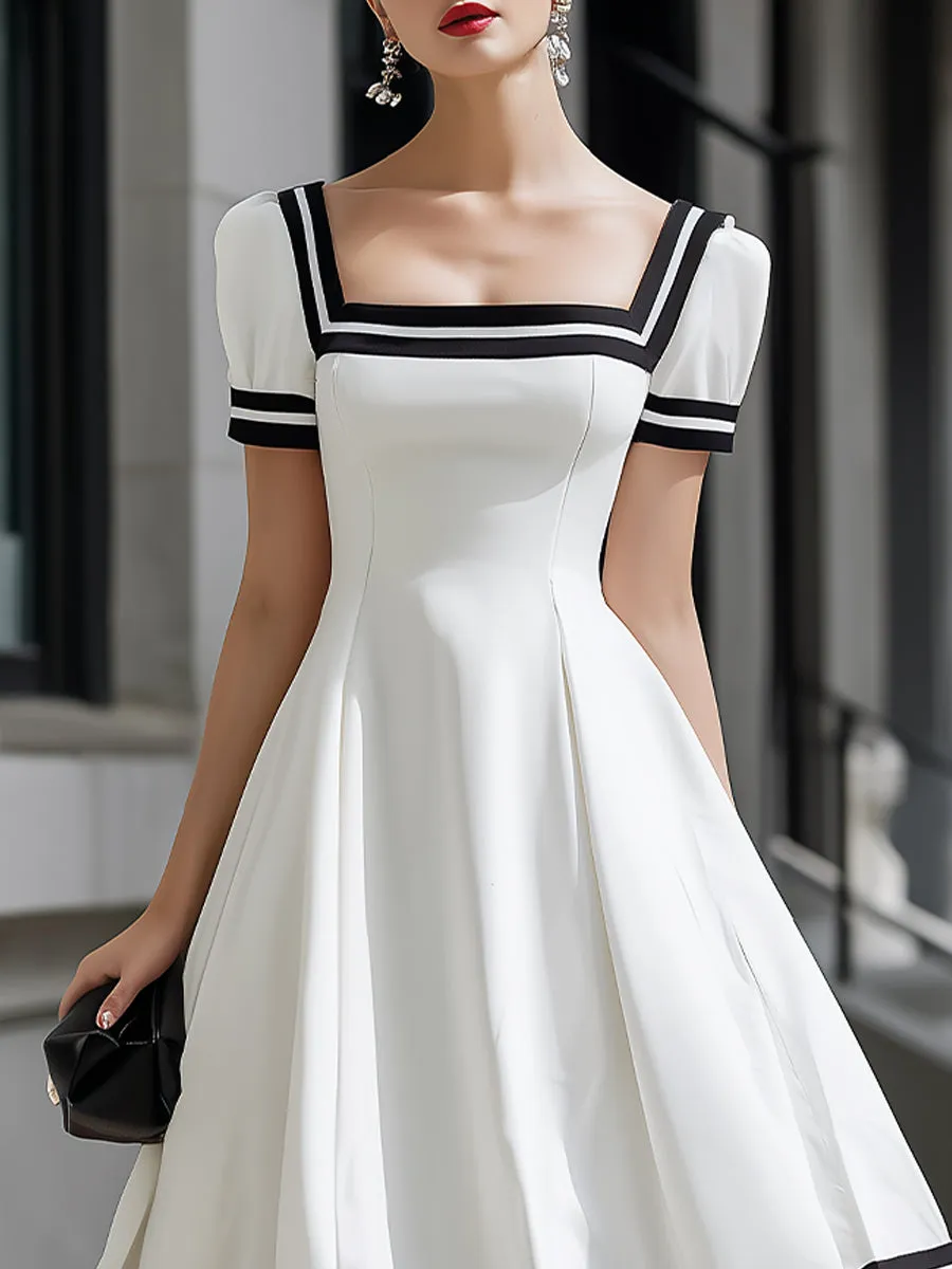 Vintage Contrast-Trim Square Neck Midi Dress sold by Mooyius product image thumbnail 2