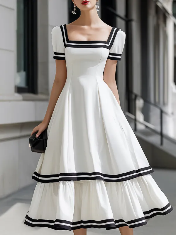 Vintage Contrast-Trim Square Neck Midi Dress made by Something Navy