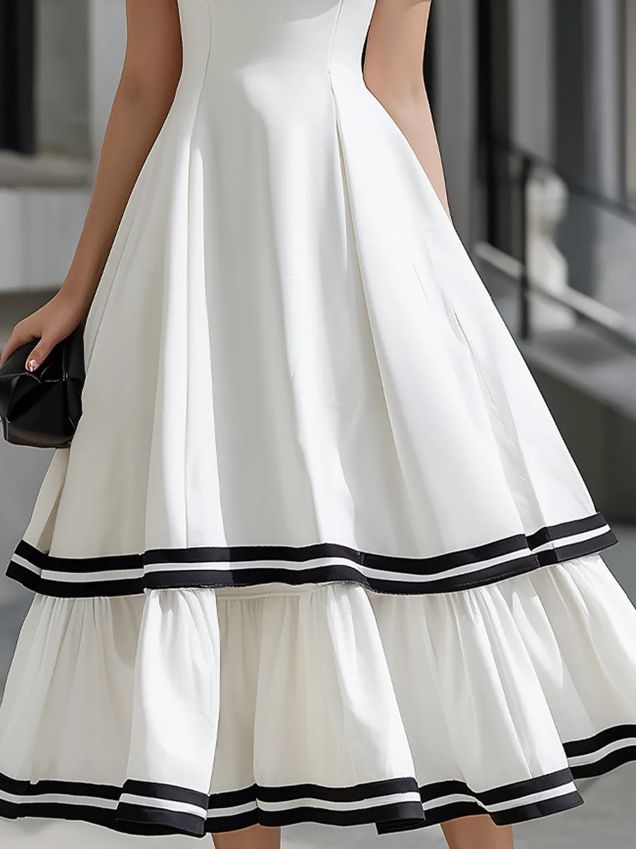 Vintage Contrast-Trim Square Neck Midi Dress sold by Mooyius product image thumbnail 3