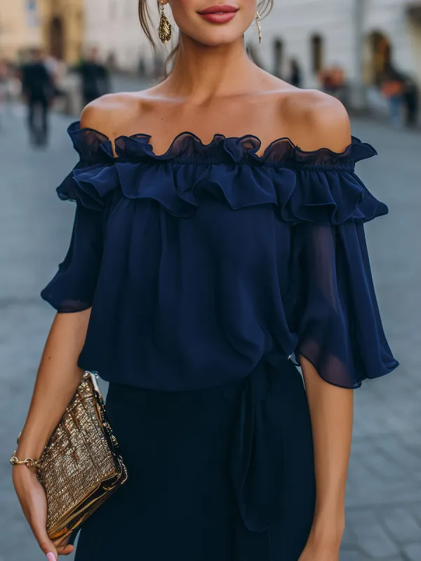Off-Shoulder Ruffled Chiffon Top made by Mooyius
