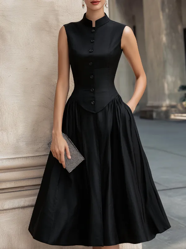 Sleeveless Buttoned Waist-Defined Midi Dress made by Mooyius