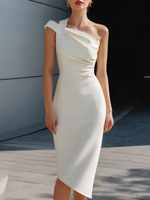 One-Shoulder Draped Asymmetrical Midi Dress made by Mooyius