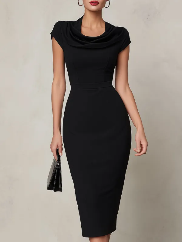 Timeless Black Cowl Neck Midi Sheath Dress made by Something Navy