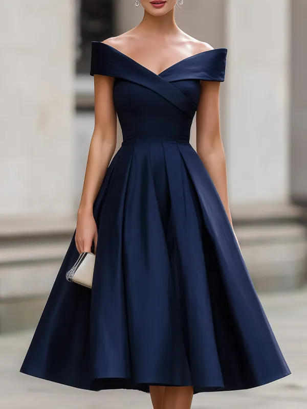 Navy Blue Off-Shoulder Pleated Midi Cocktail Dress made by Something Navy