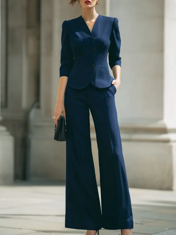 Navy Blue Tailored Blazer & Wide-Leg Pants Suit made by Something Navy