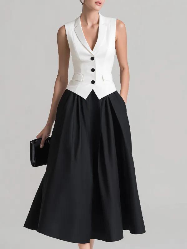 Black & White Contrast Vest Midi Skirt Set made by Something Navy