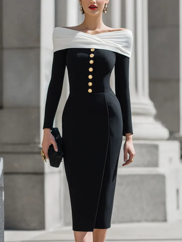 Off-Shoulder Button-Front Pencil Dress made by Mooyius