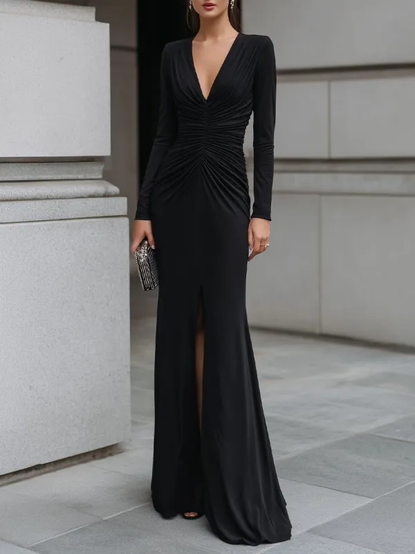 Deep V-Neck Ruched Long Sleeve Column Gown made by Mooyius