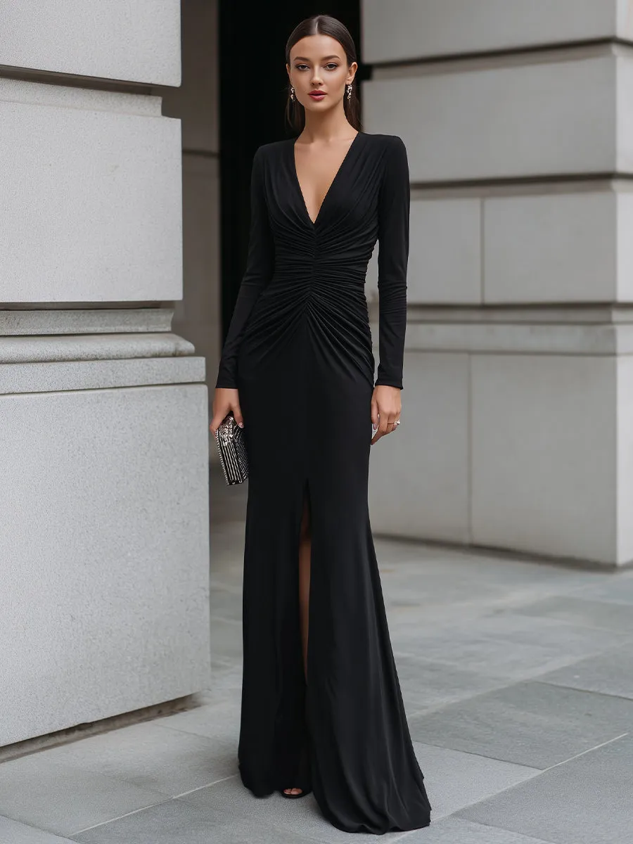 Deep V-Neck Ruched Long Sleeve Column Gown sold by Mooyius product image thumbnail 2