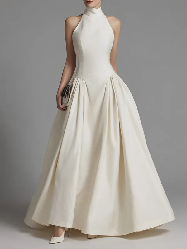 Halter Neck Fit-and-Flare Maxi Dress With Structured Pleated Skirt made by Mooyius