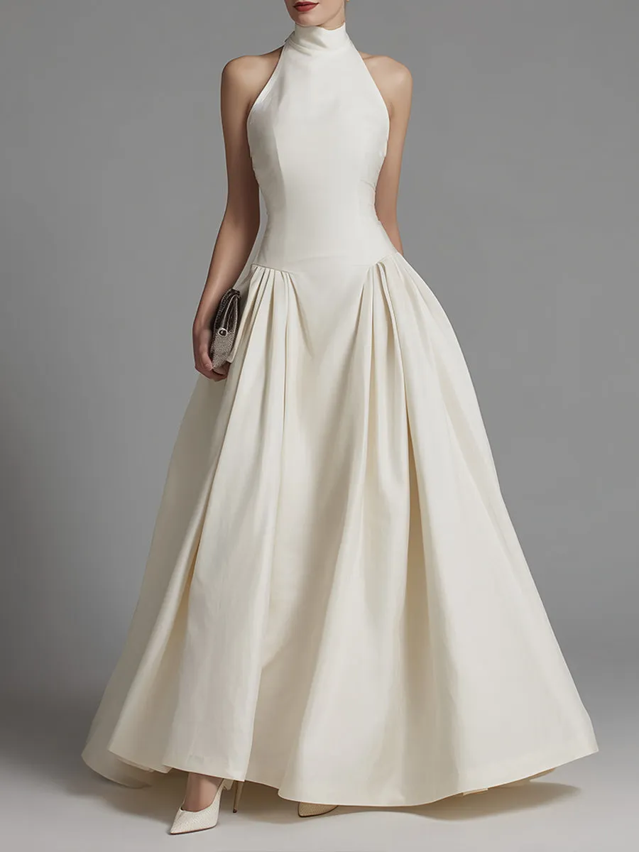 Halter Neck Fit-and-Flare Maxi Dress With Structured Pleated Skirt sold by Mooyius