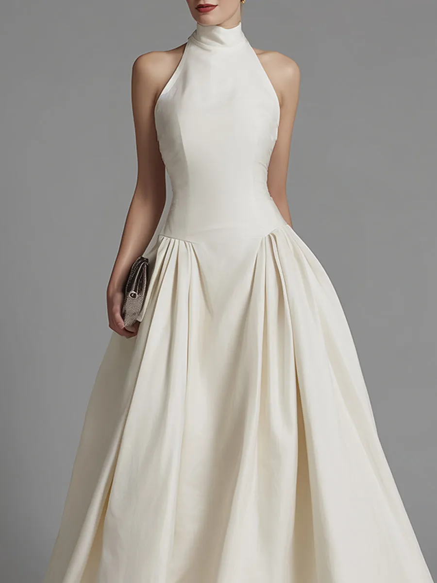 Halter Neck Fit-and-Flare Maxi Dress With Structured Pleated Skirt sold by Mooyius product image thumbnail 3