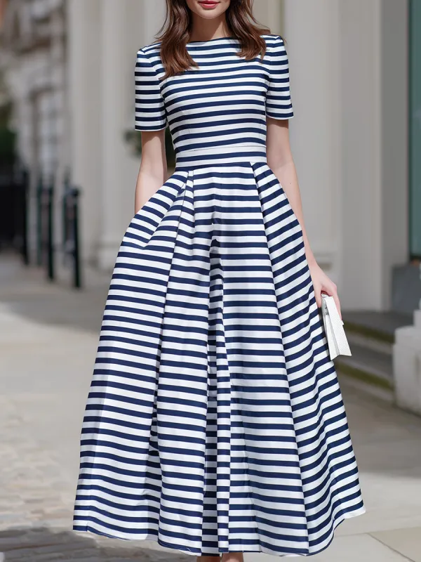Navy & White Stripe Fit-and-Flare Midi Dress made by Something Navy
