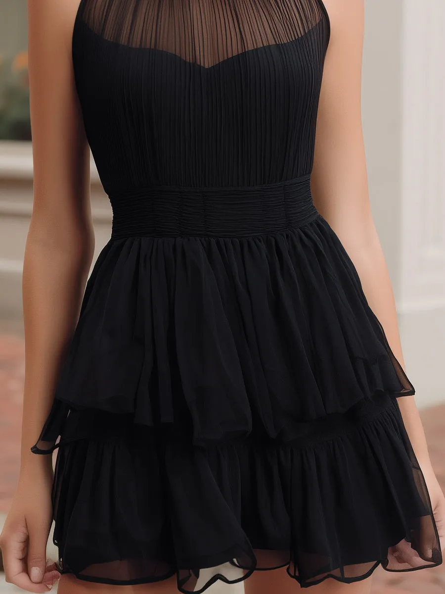 High-Neck Crinkled Chiffon Tiered Mini Dress sold by Mooyius product image thumbnail 3