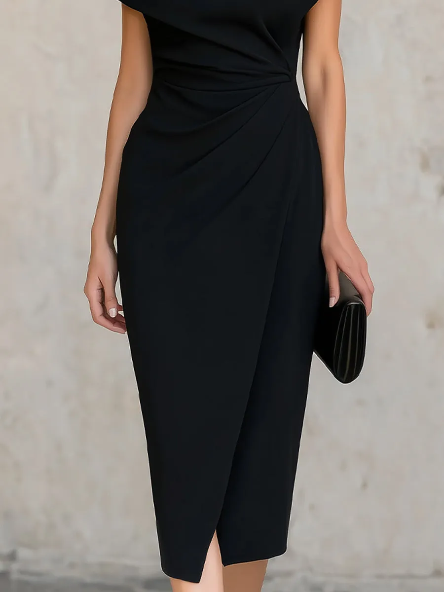 Minimalist Black Asymmetric One-Shoulder Midi Dress sold by Mooyius product image thumbnail 3