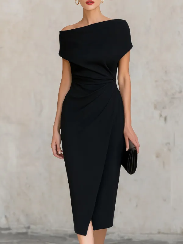 Minimalist Black Asymmetric One-Shoulder Midi Dress made by Something Navy