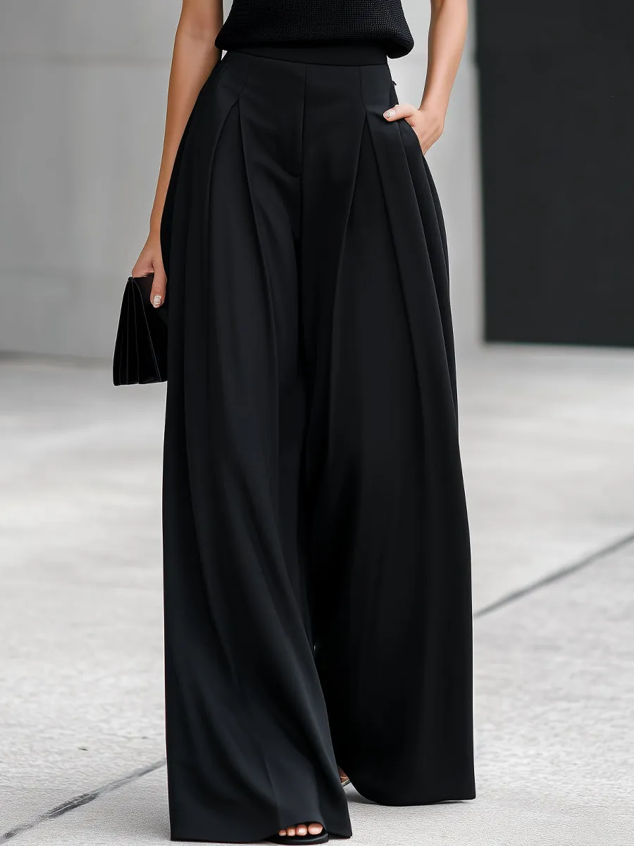 Black Turtleneck Sleeveless Knit Top & Pleated Wide-Leg Trouser Two-Piece Set sold by Mooyius product image thumbnail 3