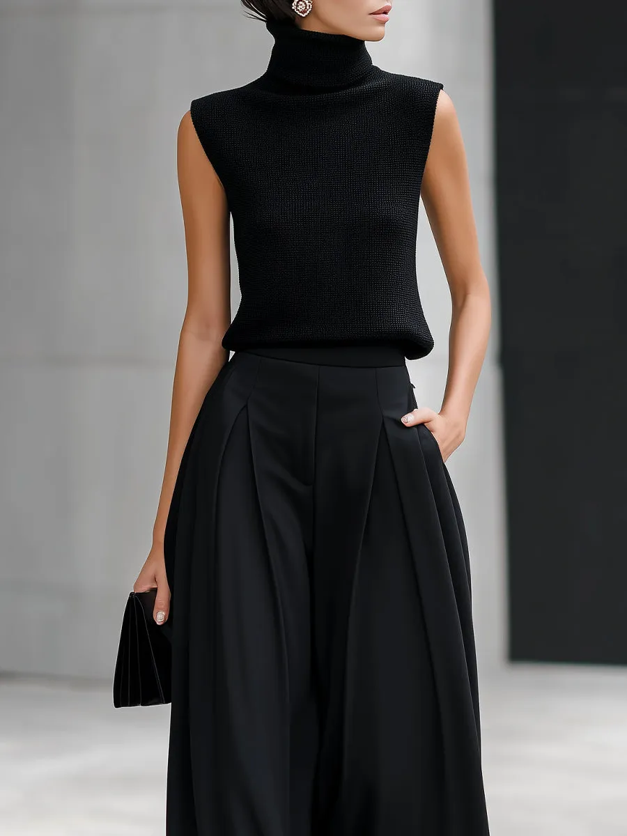 Black Turtleneck Sleeveless Knit Top & Pleated Wide-Leg Trouser Two-Piece Set sold by Mooyius product image thumbnail 2