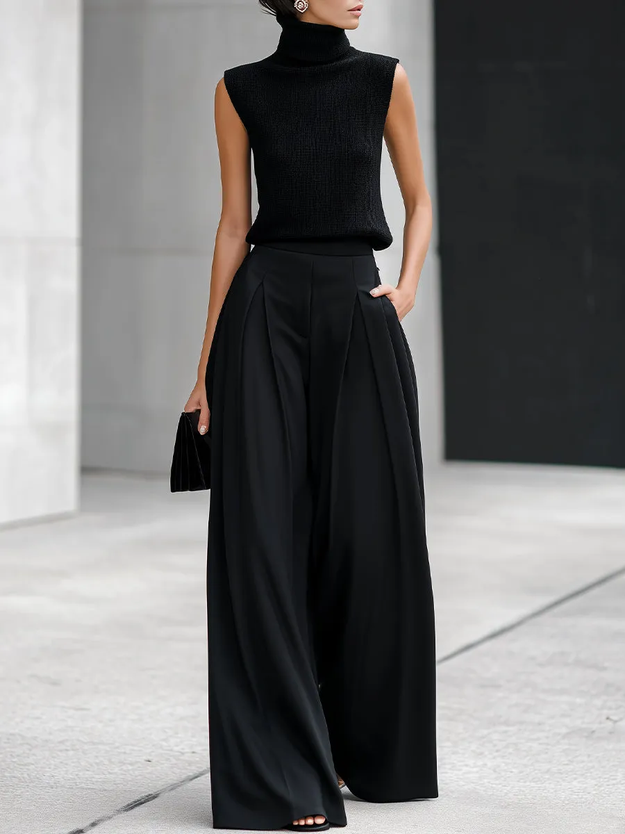 Black Turtleneck Sleeveless Knit Top & Pleated Wide-Leg Trouser Two-Piece Set sold by Mooyius