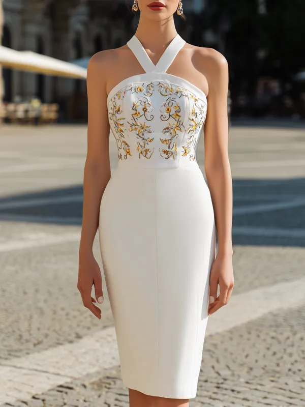 Halter Neck Embroidered Sheath Dress sold by Mooyius