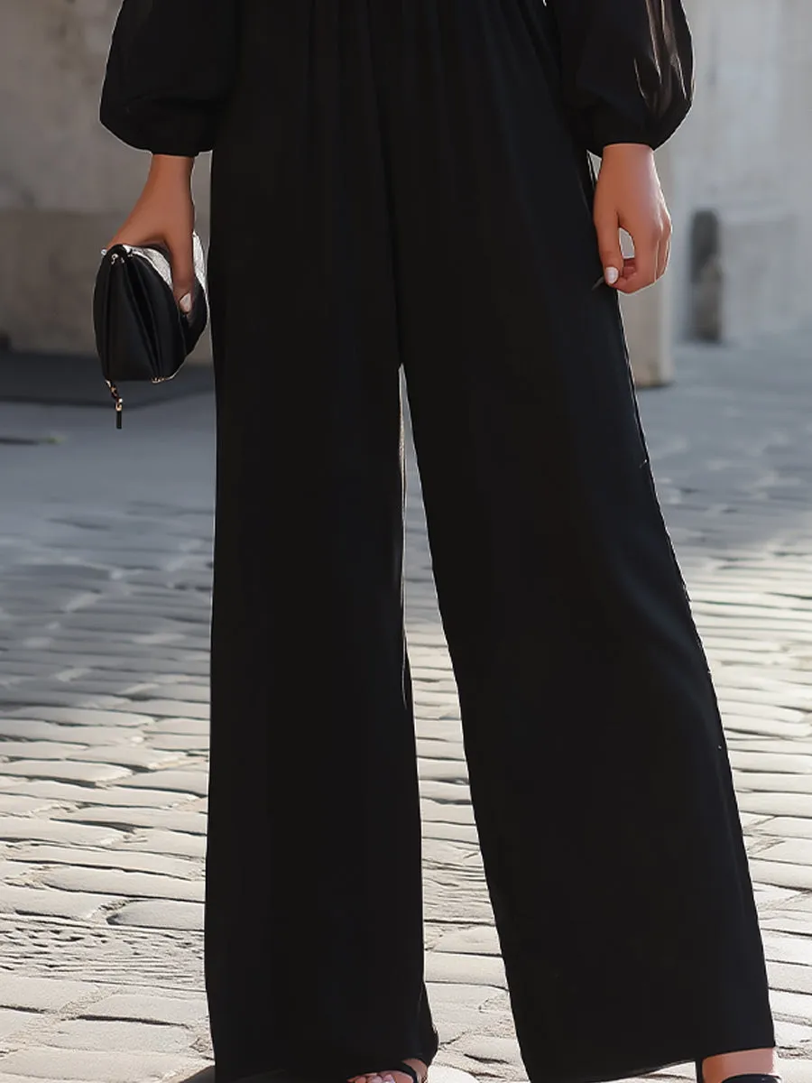 Black Cold-Shoulder Chiffon Wide-Leg Jumpsuit sold by Mooyius product image thumbnail 3