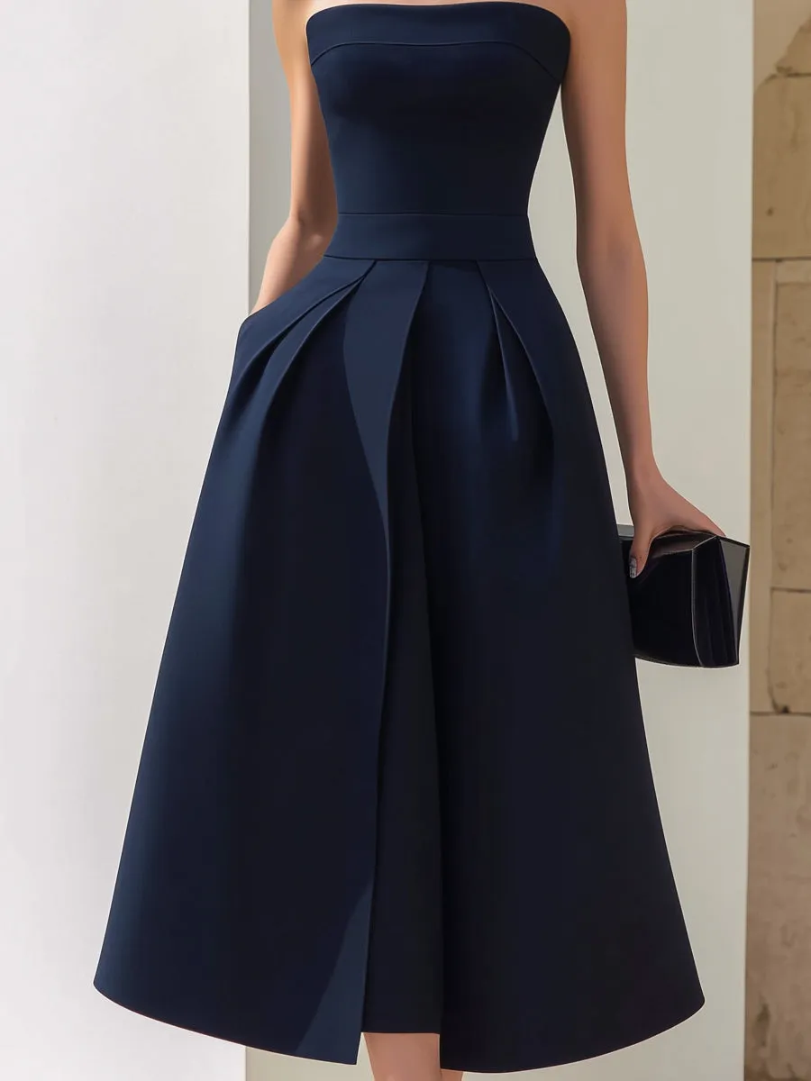 Strapless Structured A-Line Pleated Midi Dress sold by Mooyius product image thumbnail 3