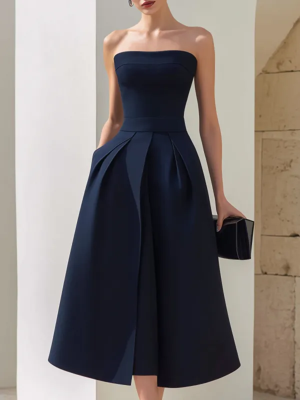 Strapless Structured A-Line Pleated Midi Dress made by Mooyius