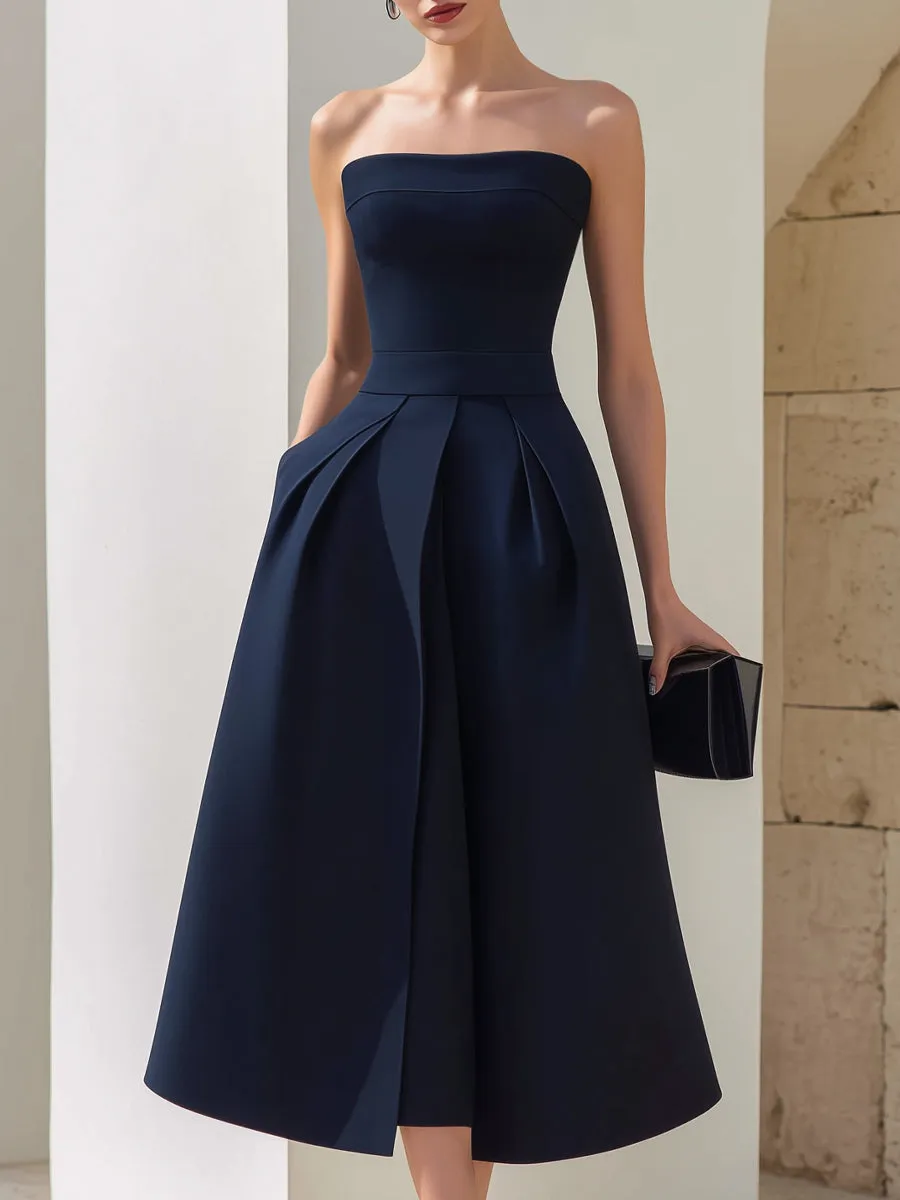 Strapless Structured A-Line Pleated Midi Dress sold by Mooyius