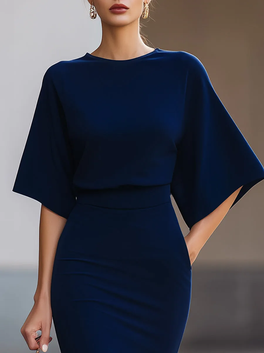 Minimalist Navy Batwing Sleeve Top & Midi Skirt Two-Piece Set sold by Mooyius product image thumbnail 2