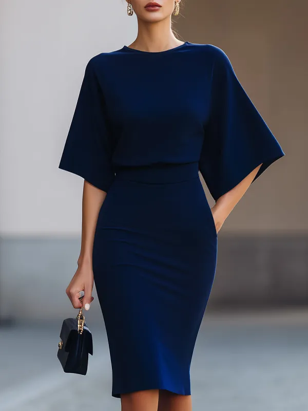 Minimalist Navy Batwing Sleeve Top & Midi Skirt Two-Piece Set made by Something Navy