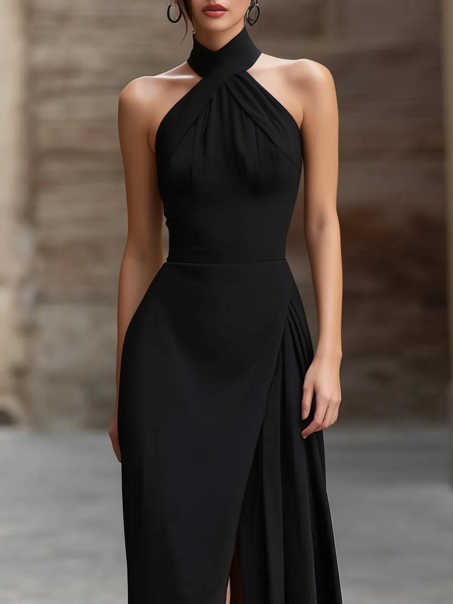 Cross-Halter Draped Front Slit Maxi Dress sold by Mooyius product image thumbnail 2