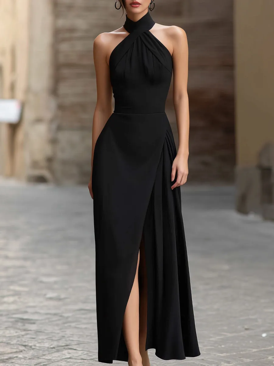 Cross-Halter Draped Front Slit Maxi Dress sold by Mooyius
