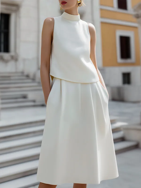 High-Neck Sleeveless Top & A-Line Skirt Two-Piece Set made by Mooyius