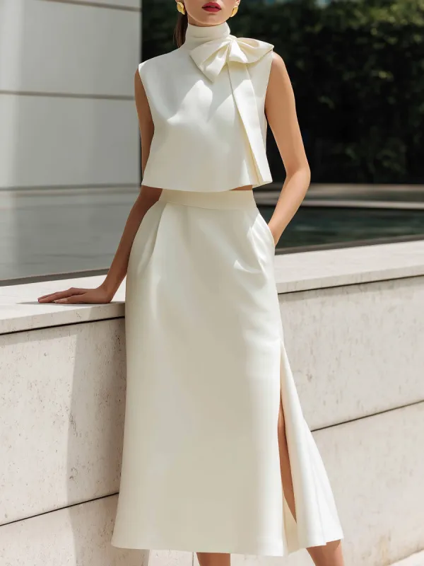 High-Neck Bow Detail Cropped Top & Slit Midi Skirt Set made by Mooyius