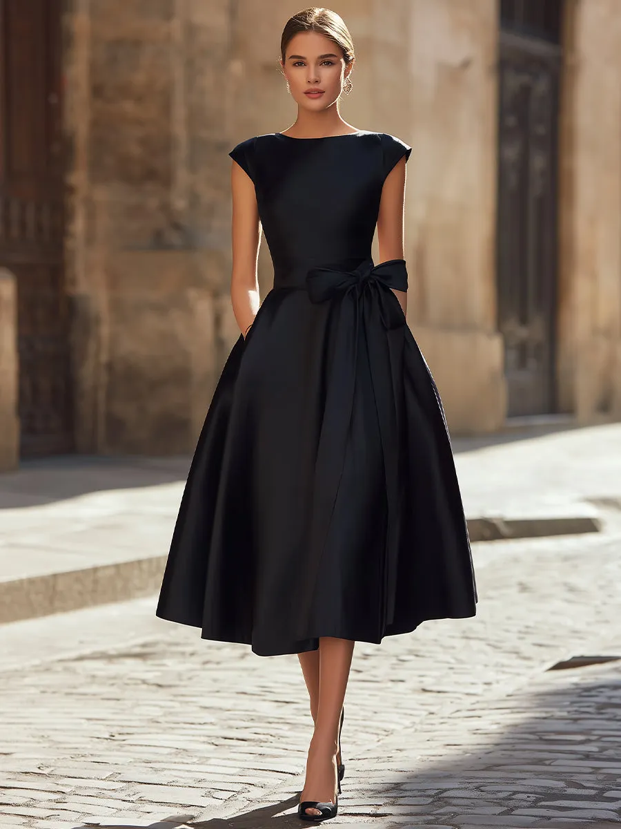 Timeless Elegance Boat-Neck A-Line Midi Dress With Oversized Side Bow sold by Mooyius product image thumbnail 3
