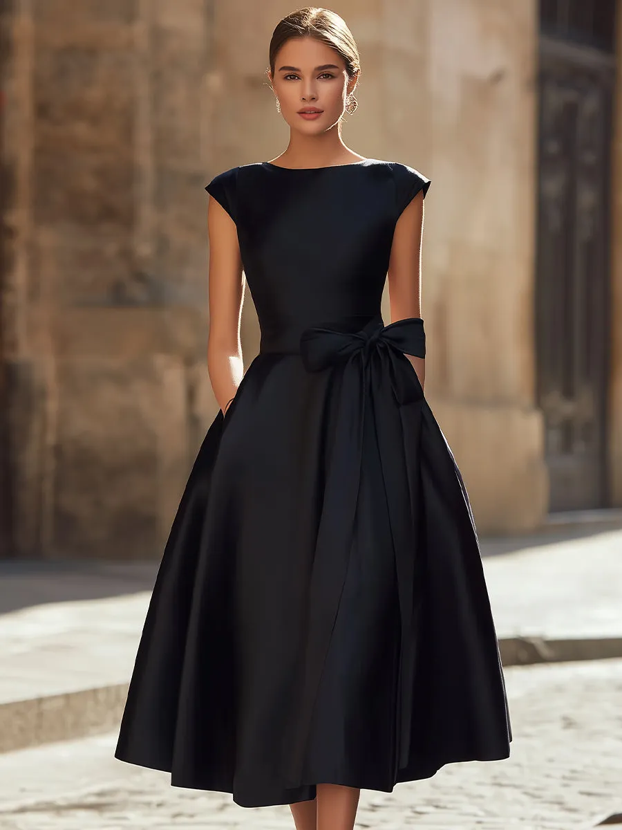 Timeless Elegance Boat-Neck A-Line Midi Dress With Oversized Side Bow sold by Mooyius product image thumbnail 2