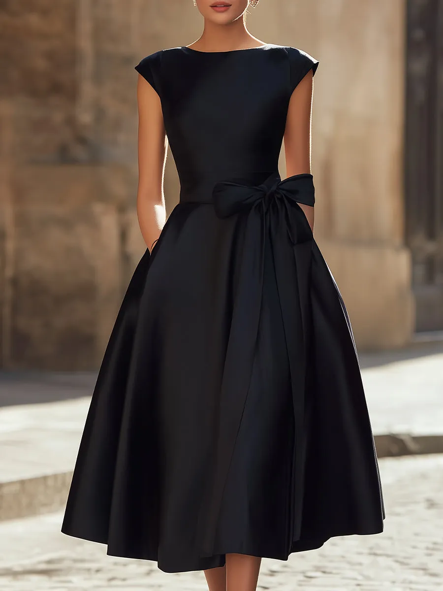 Timeless Elegance Boat-Neck A-Line Midi Dress With Oversized Side Bow sold by Mooyius