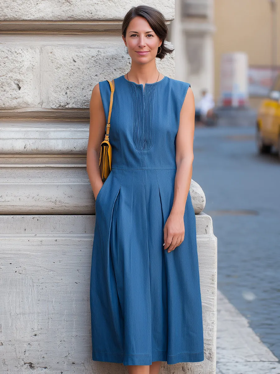 Elegant Pleated Midi Denim Dress sold by Mooyius product image thumbnail 2