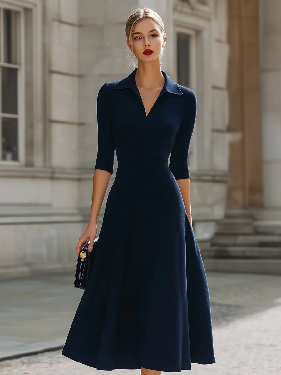 Refined Navy Polo Collar Fit-and-Flare Midi Dress sold by Mooyius product image thumbnail 2