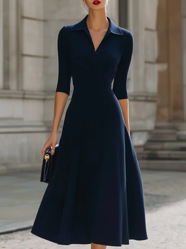 Refined Navy Polo Collar Fit-and-Flare Midi Dress made by Something Navy